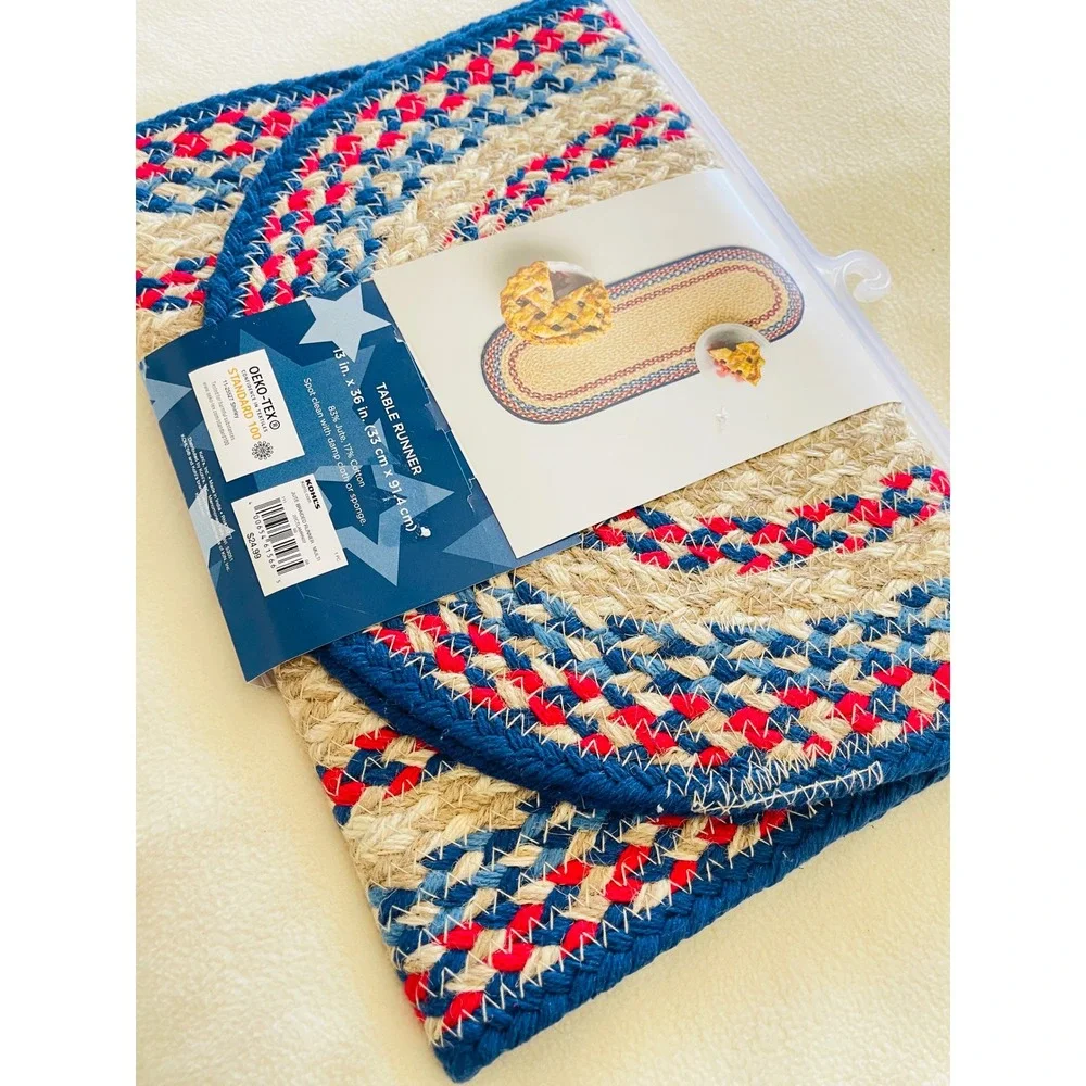 NWT Patriotic Table Runner Braided Red Blue Beige Rustic Farmhouse  Picnic 13x36